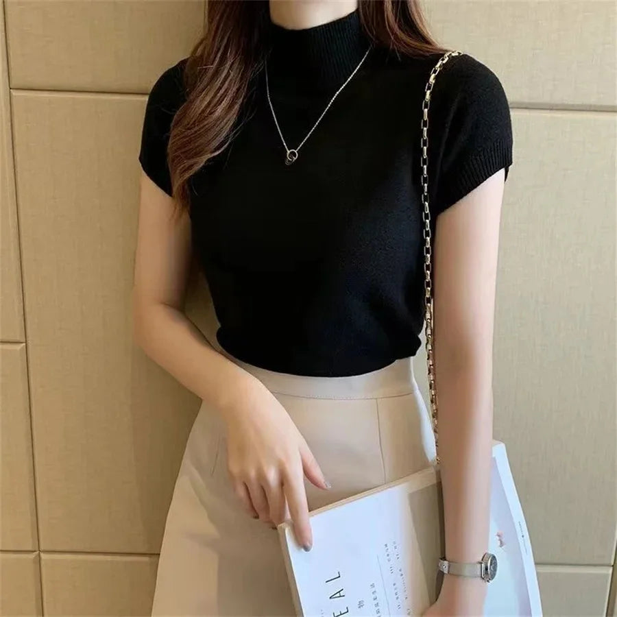 Women Knitted Pullover Sweater Short Sleeve