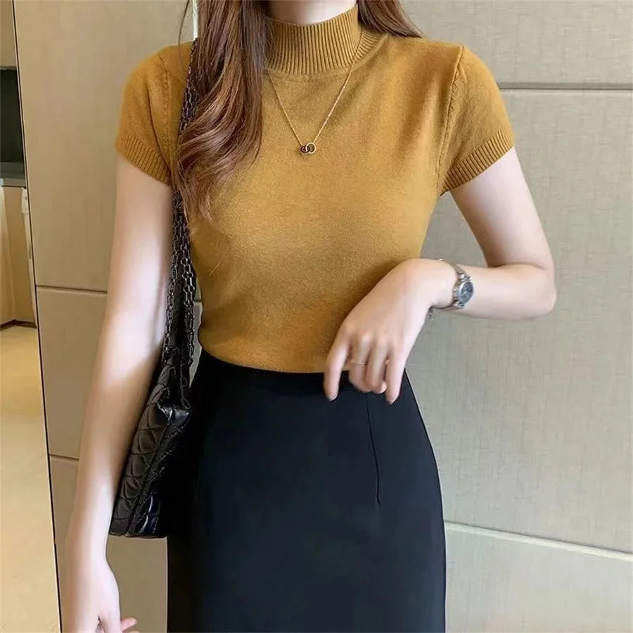 Women Knitted Pullover Sweater Short Sleeve