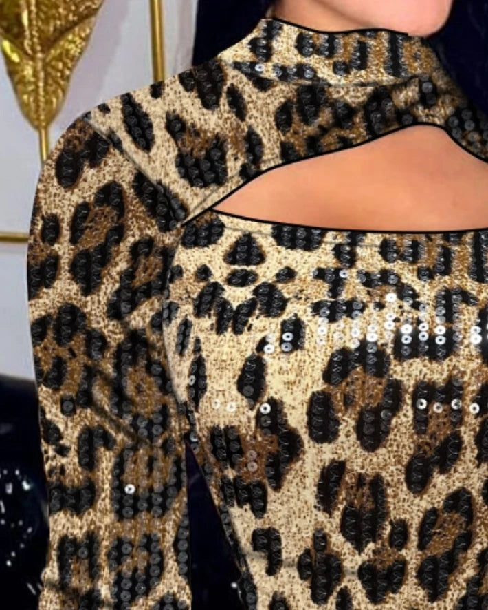 Hot Leopard Print Stand Up Collar Long Sleeved Contrasting Sequin Jumpsuit Hollo