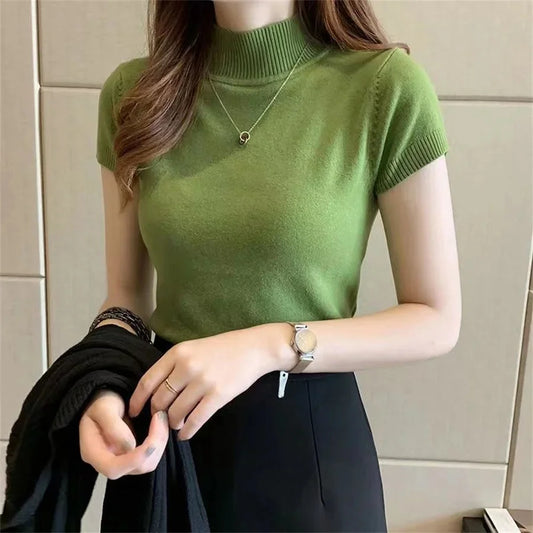 Women Knitted Pullover Sweater Short Sleeve